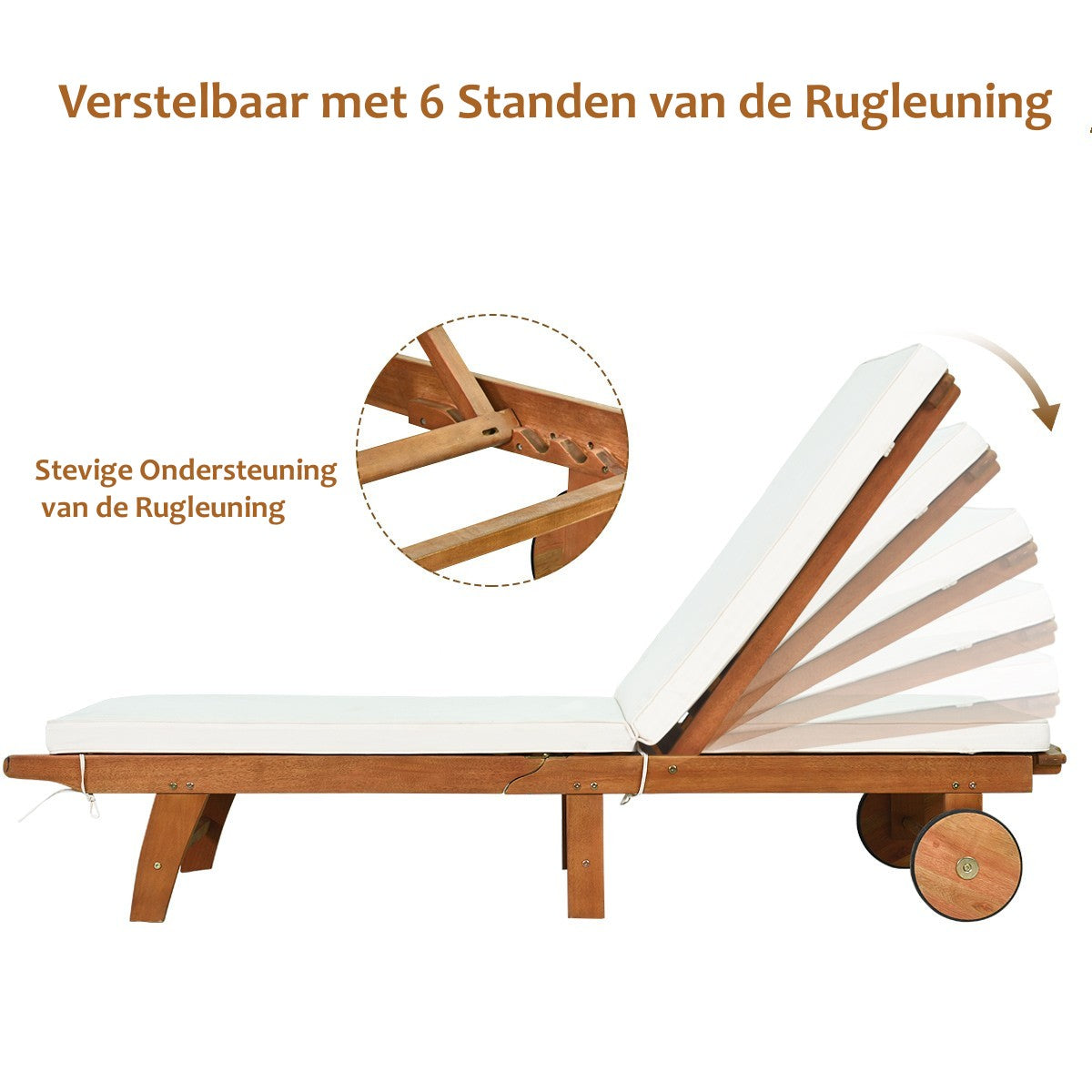 LIVSK Opvouwbare Ligstoel - Eucalyptushout - 6 Verstelbare Posities - Met Wielen - Comfortabel Schuimkussen - Natuurlijke Houtlook
