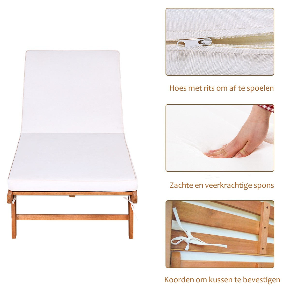 LIVSK Opvouwbare Ligstoel - Eucalyptushout - 6 Verstelbare Posities - Met Wielen - Comfortabel Schuimkussen - Natuurlijke Houtlook