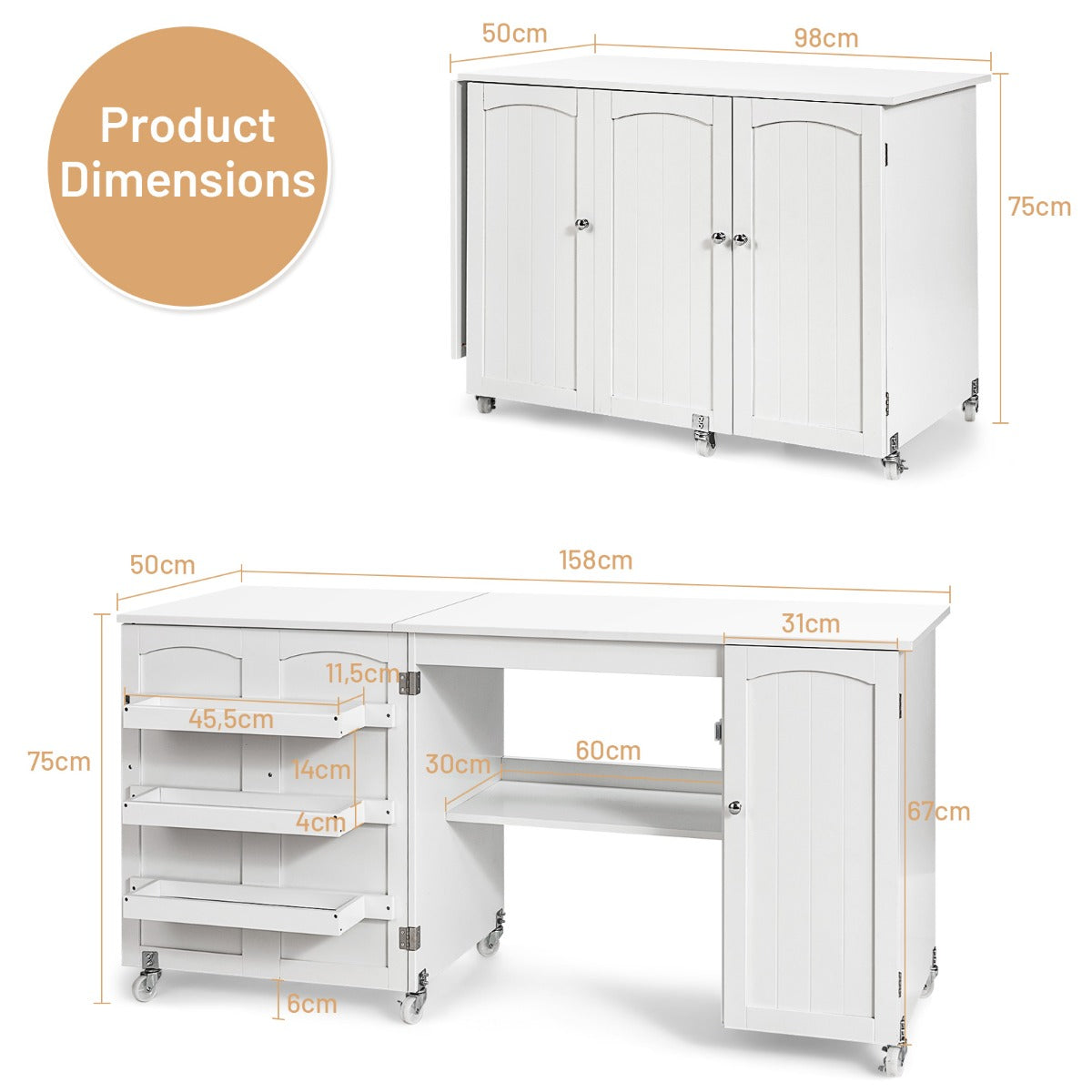 LIVSK Opvouwbare Naaitafel - Ruimtebesparend Ontwerp - Voldoende Opbergruimte - Verplaatsbaar met Wieltjes - Wit