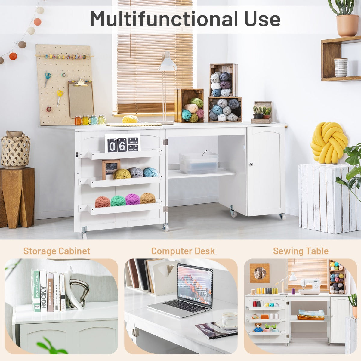 LIVSK Opvouwbare Naaitafel - Ruimtebesparend Ontwerp - Voldoende Opbergruimte - Verplaatsbaar met Wieltjes - Wit