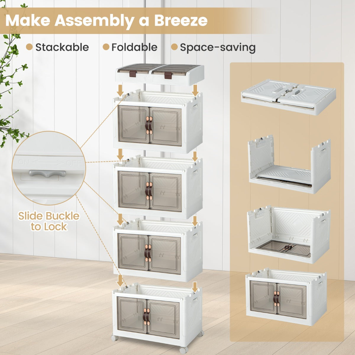 LIVSK Opvouwbare Opbergdozen - Stapelbaar met 210 L Capaciteit - Magnetische Deuren - 4 Wielen - Wit
