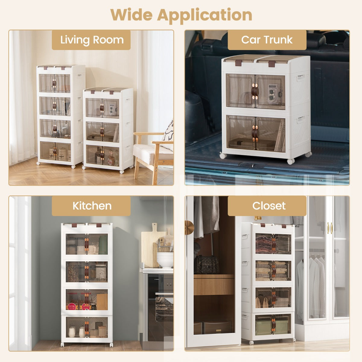 LIVSK Opvouwbare Opbergdozen - Stapelbaar met 210 L Capaciteit - Magnetische Deuren - 4 Wielen - Wit
