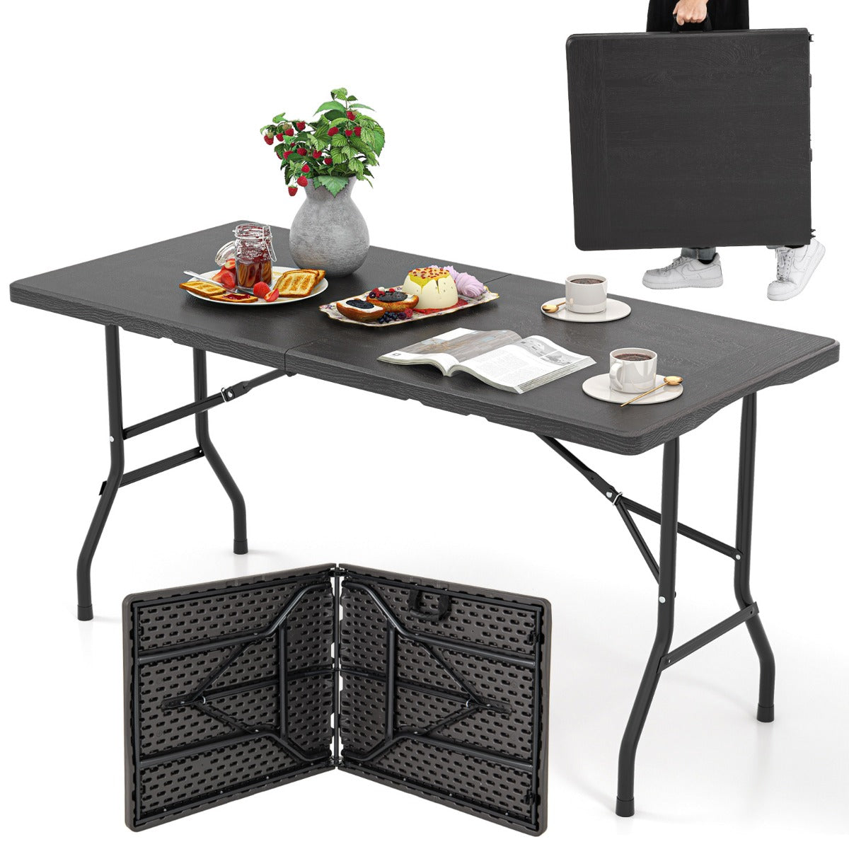 LIVSK Opvouwbare Picknicktafel - Compact Ontwerp - Duurzaam HDPE - Hoog Draagvermogen 180 kg - Voor 4-6 Personen - Zwart/Wit