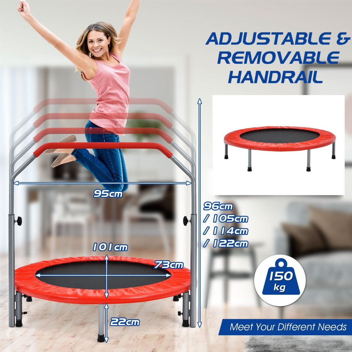 LIVSK Opvouwbare Trampoline met Verstelbare Handgreep - Geschikt voor Kinderen en Volwassenen - Draagvermogen tot 150 kg - Rood