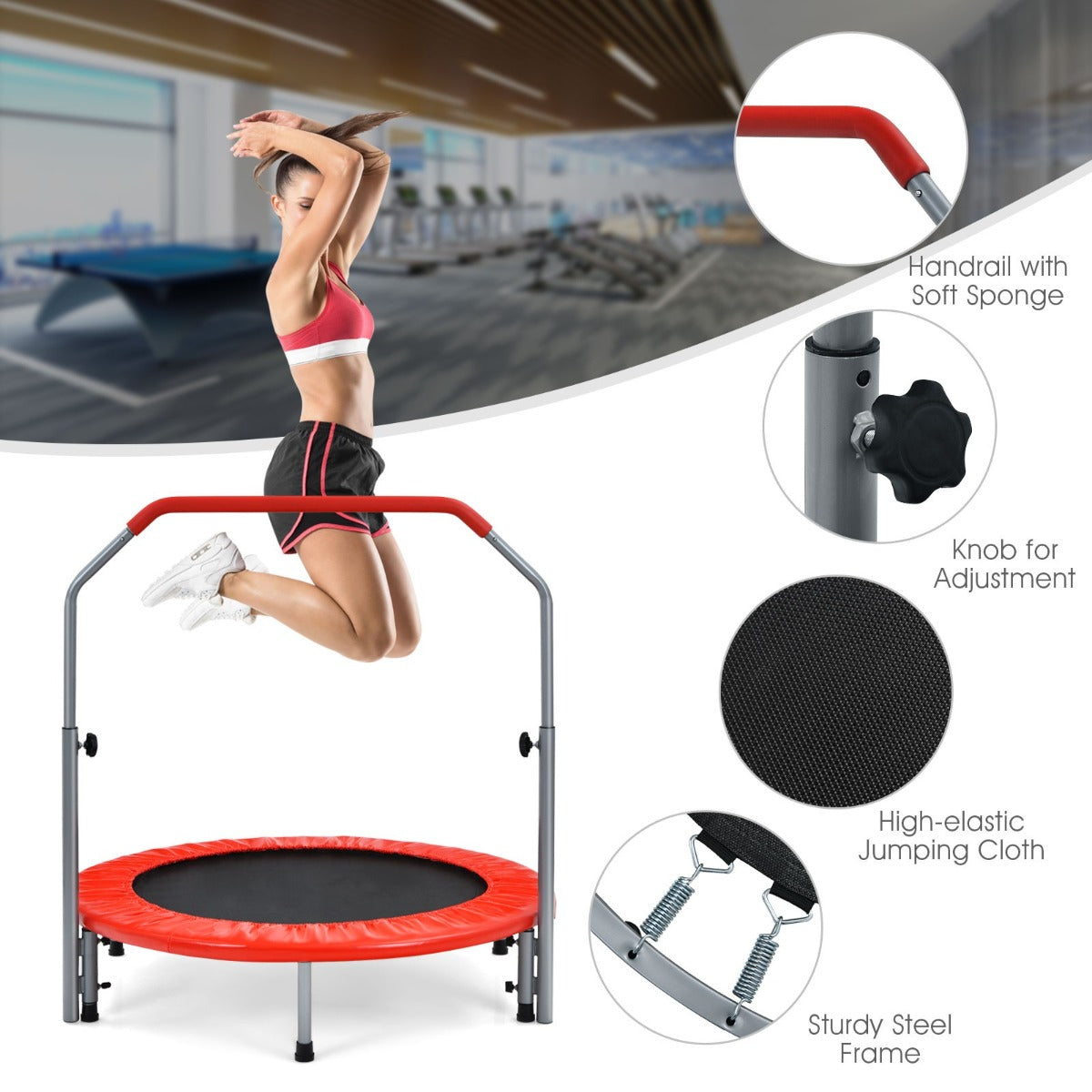 LIVSK Opvouwbare Trampoline met Verstelbare Handgreep - Geschikt voor Kinderen en Volwassenen - Draagvermogen tot 150 kg - Rood