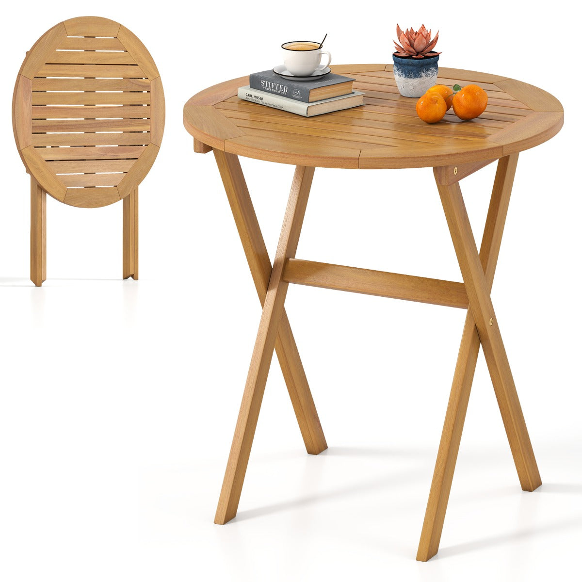 LIVSK Opvouwbare Tuintafel - Massief Acaciahout - Lichtgewicht en Draagbaar - Stabiel X-vormig Frame - Naturel
