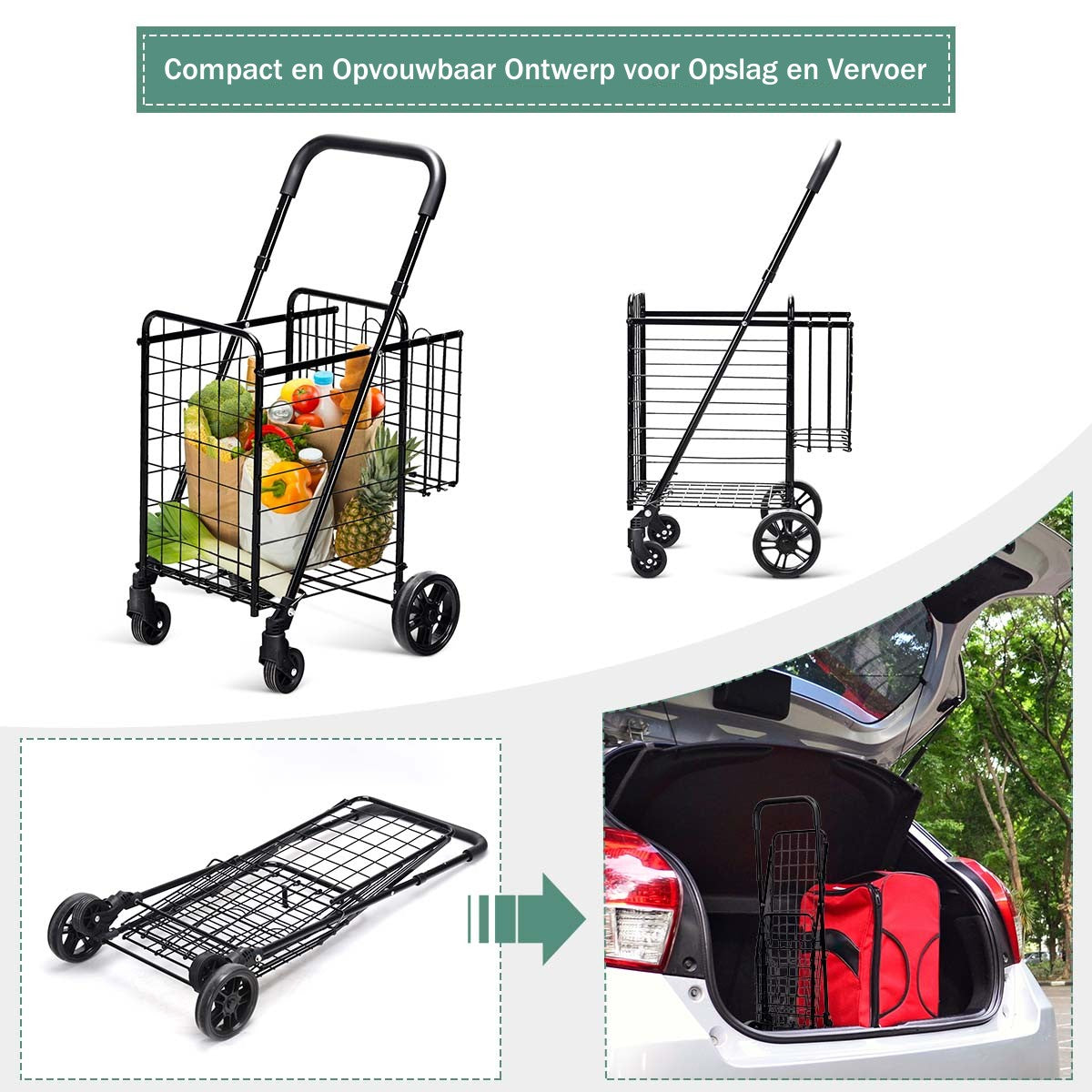 LIVSK Opvouwbare Winkelwagen - Dubbele Mand - Verstelbare Hoogte - Lichtgewicht Koolstofstaal - 20 kg Capaciteit - Zwart
