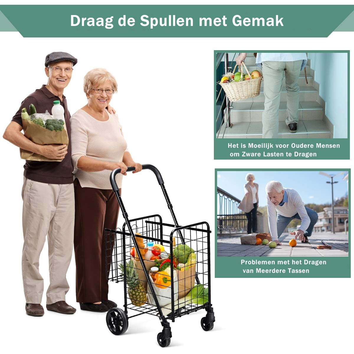 LIVSK Opvouwbare Winkelwagen - Dubbele Mand - Verstelbare Hoogte - Lichtgewicht Koolstofstaal - 20 kg Capaciteit - Zwart