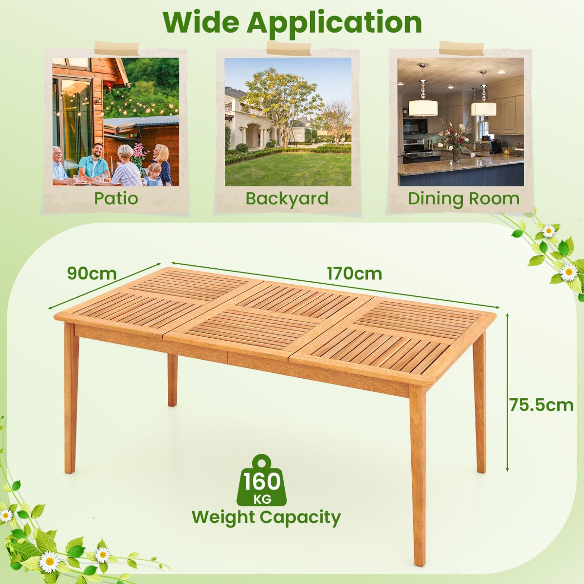 LIVSK Outdoor Eettafel - Acaciahout - Voor 6 Personen - Parasolgat - 170x90x75,5 cm - Natuurlijk