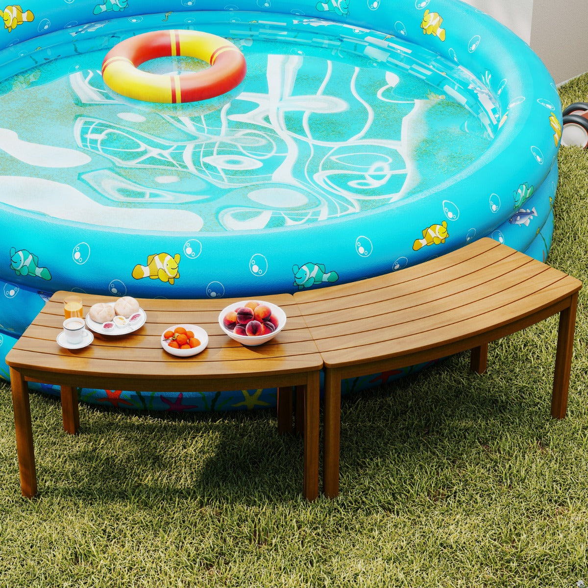 LIVSK Outdoor Terrasbank - Massief Acaciahout - Tot 180 kg per zitplaats - Slank Gebogen Ontwerp - Naturel