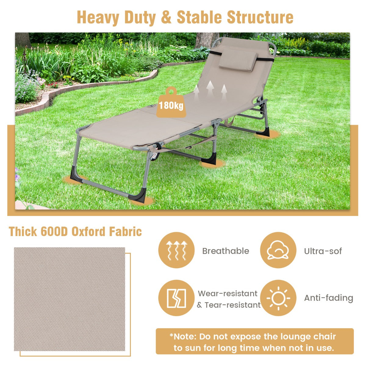 LIVSK Outdoor Zonnestoel - 5 Verstelbare Posities - Afneembaar Hoofdkussen - Opvouwbaar en Draagbaar - Beige