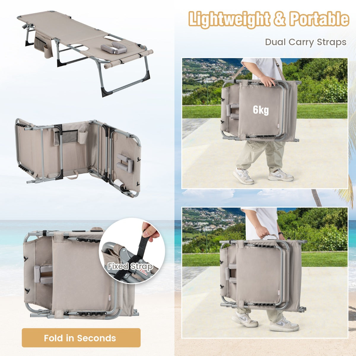 LIVSK Outdoor Zonnestoel - 5 Verstelbare Posities - Afneembaar Hoofdkussen - Opvouwbaar en Draagbaar - Beige