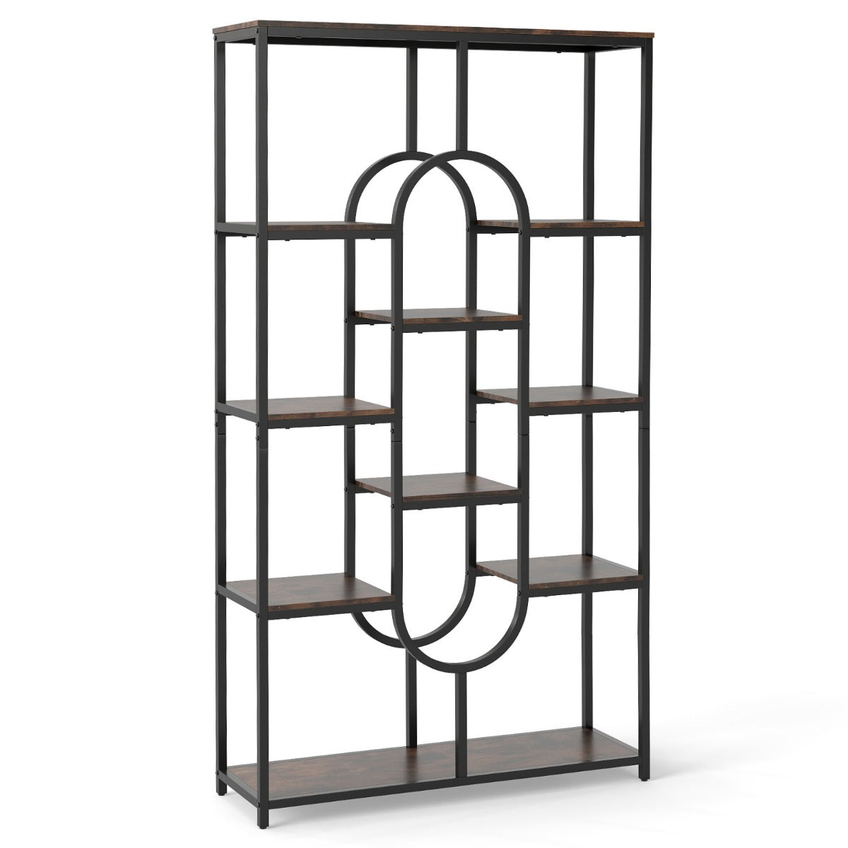 LIVSK Ovale Boekenkast - 5 Verdiepingen - Duurzaam Metalen Frame - Verstelbare Voetjes - Kantelbeveiliging - Modern Design - Bruin