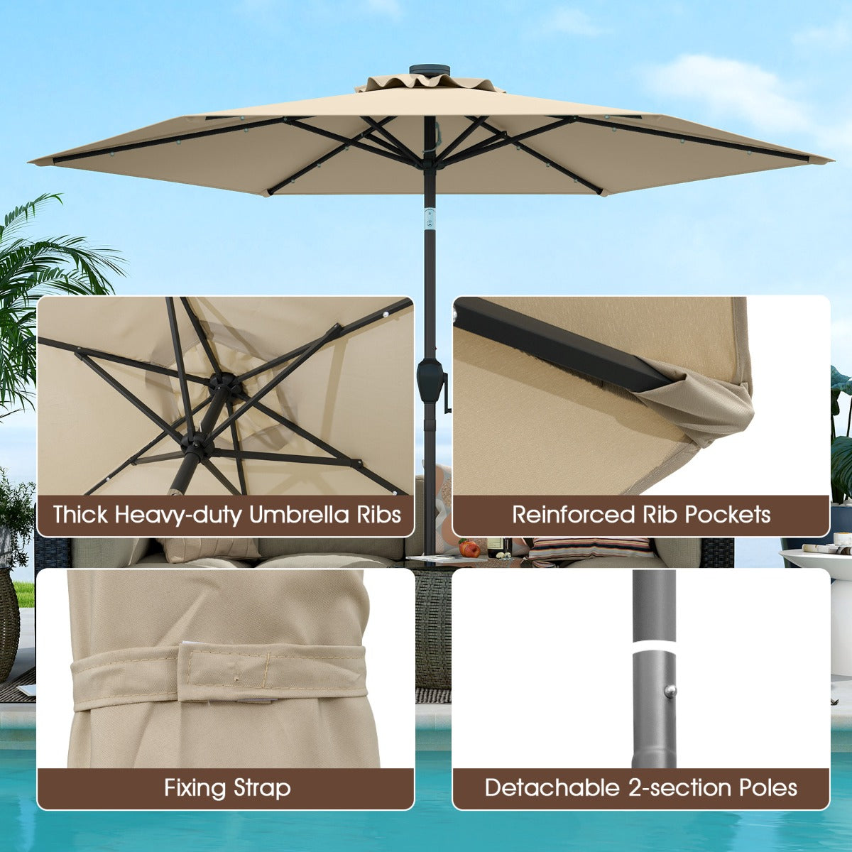 LIVSK Parasol 230 cm - Geventileerd Polyester - Verstelbaar Kantelsysteem - LED Verlichting - Eenvoudig Op te Bergen - Beige