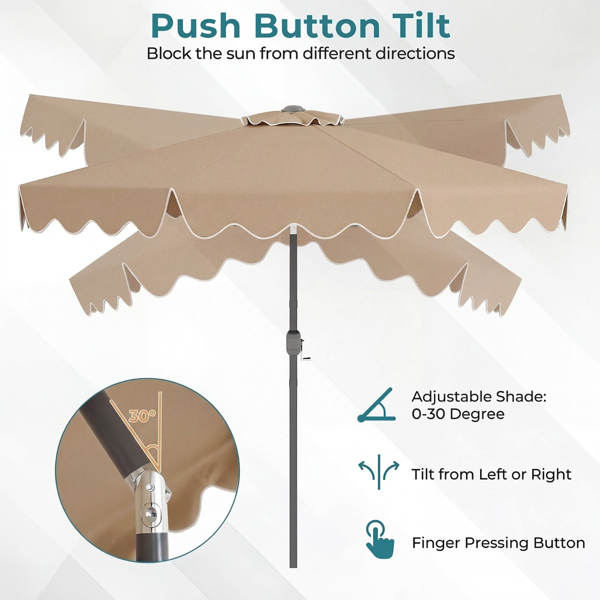 LIVSK Parasol 270 cm - Hoogwaardig Polyester - Kantelbaar tot 30° - Eenvoudige Slinger - 8 Stabiele Metalen Stokken - Beige/Bruin