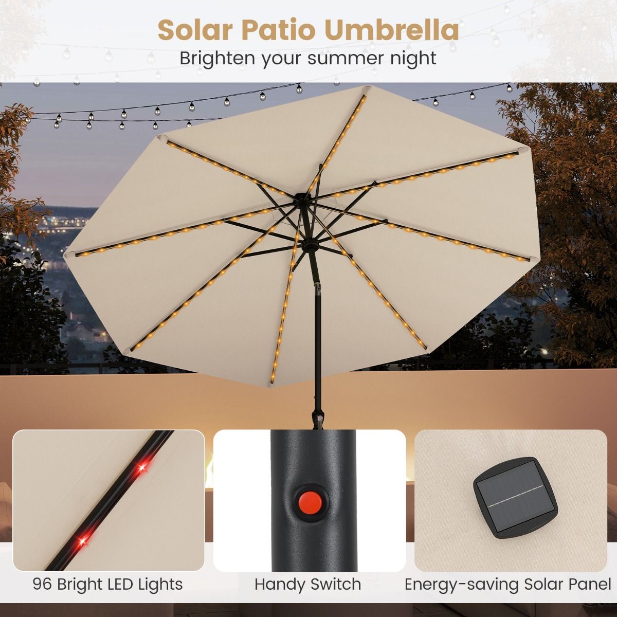 LIVSK Parasol 300 cm - 96 LED-lampen - 9 Verlichtingsmodi - Kantelmechanisme - Polyester - Beige