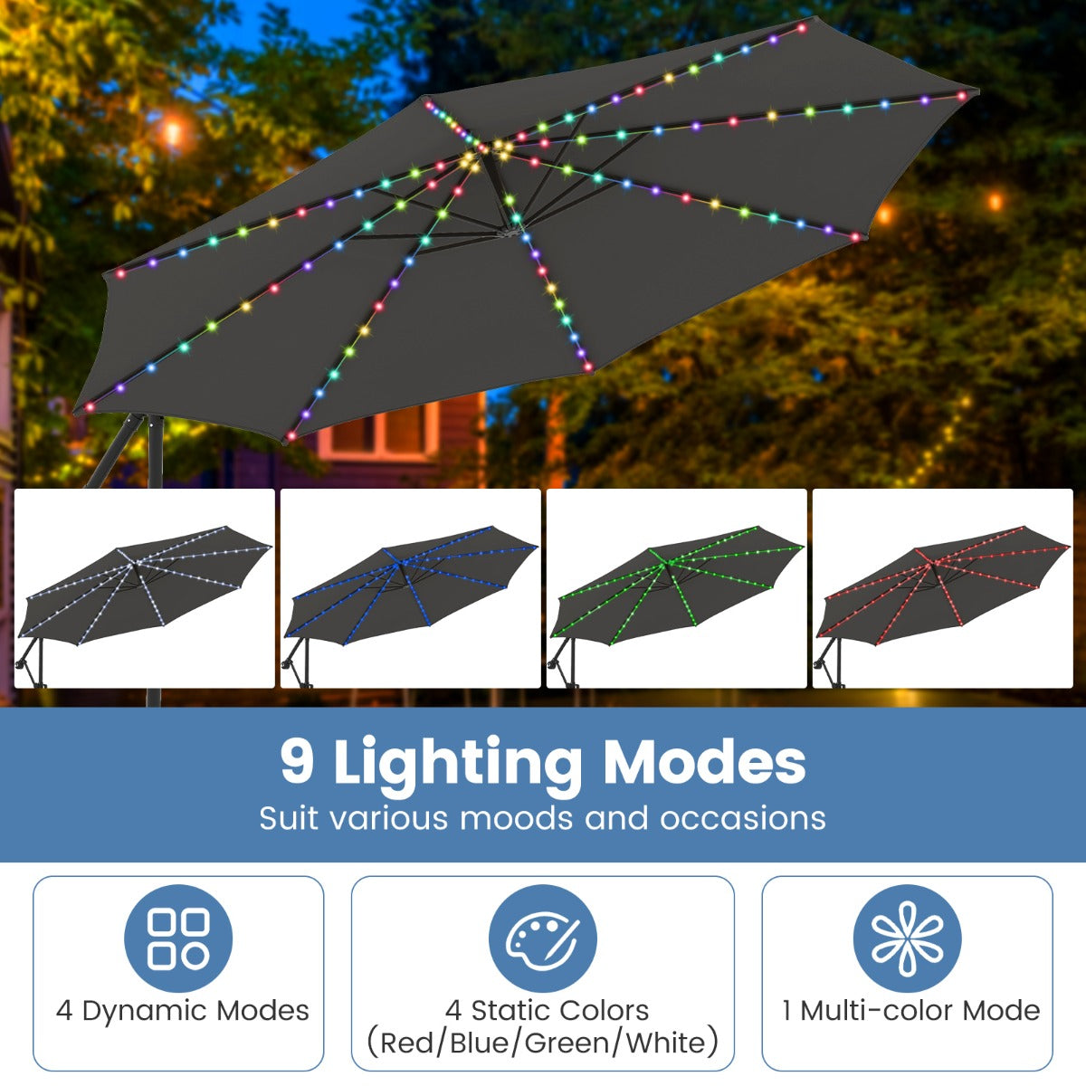 LIVSK Parasol 300 cm - 96 LED-lampen - 9 Verlichtingsmodi - Verstelbaar & Rotatie - Dubbellaags Polyester - Grijs