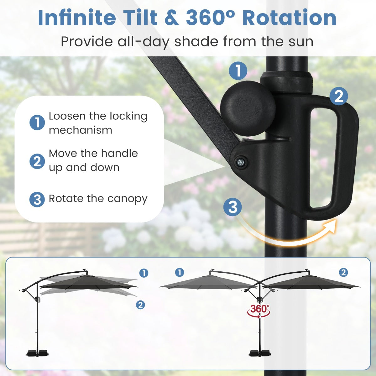 LIVSK Parasol 300 cm - 96 LED-lampen - 9 Verlichtingsmodi - Verstelbaar & Rotatie - Dubbellaags Polyester - Grijs