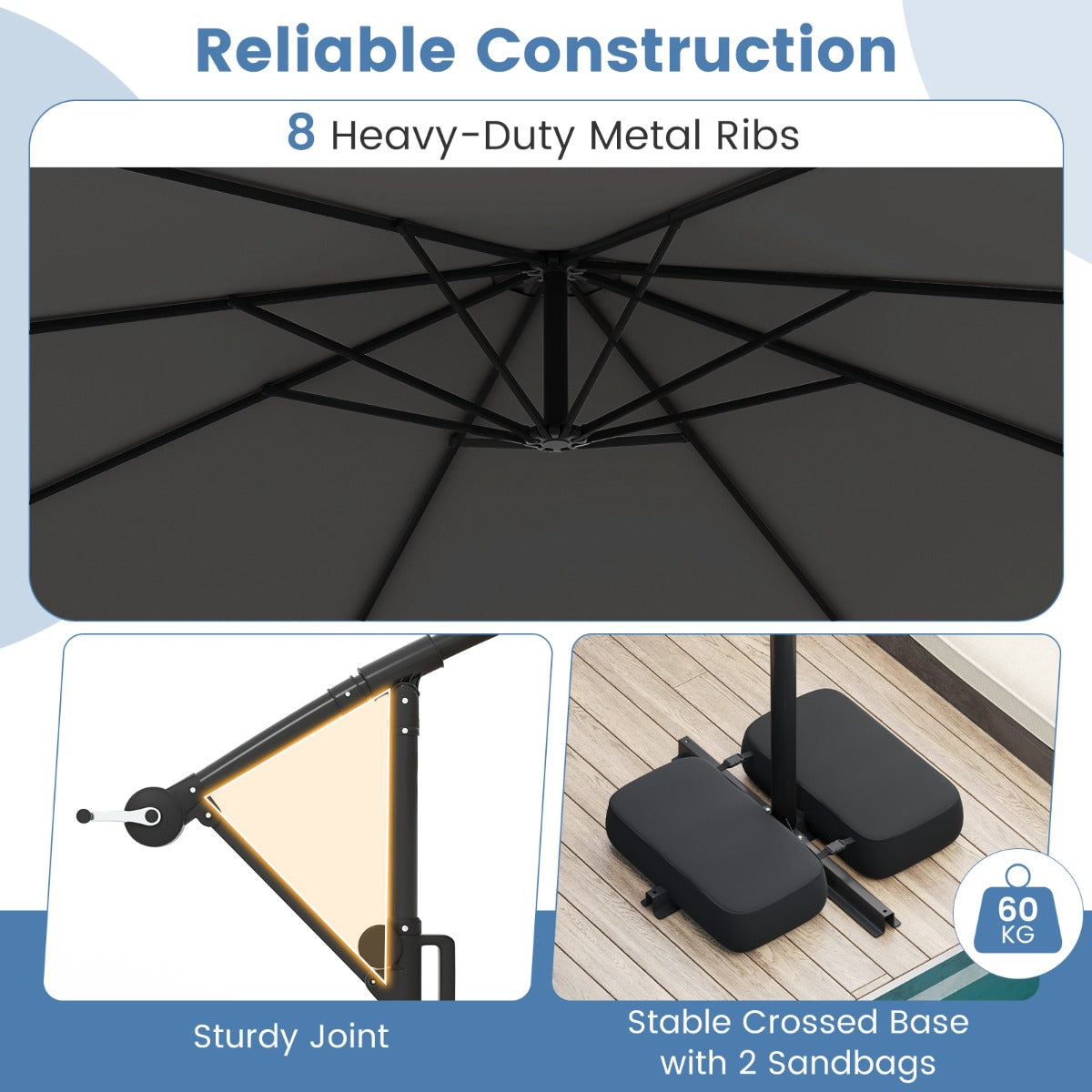 LIVSK Parasol 300 cm - 96 LED-lampen - 9 Verlichtingsmodi - Verstelbaar & Rotatie - Dubbellaags Polyester - Grijs