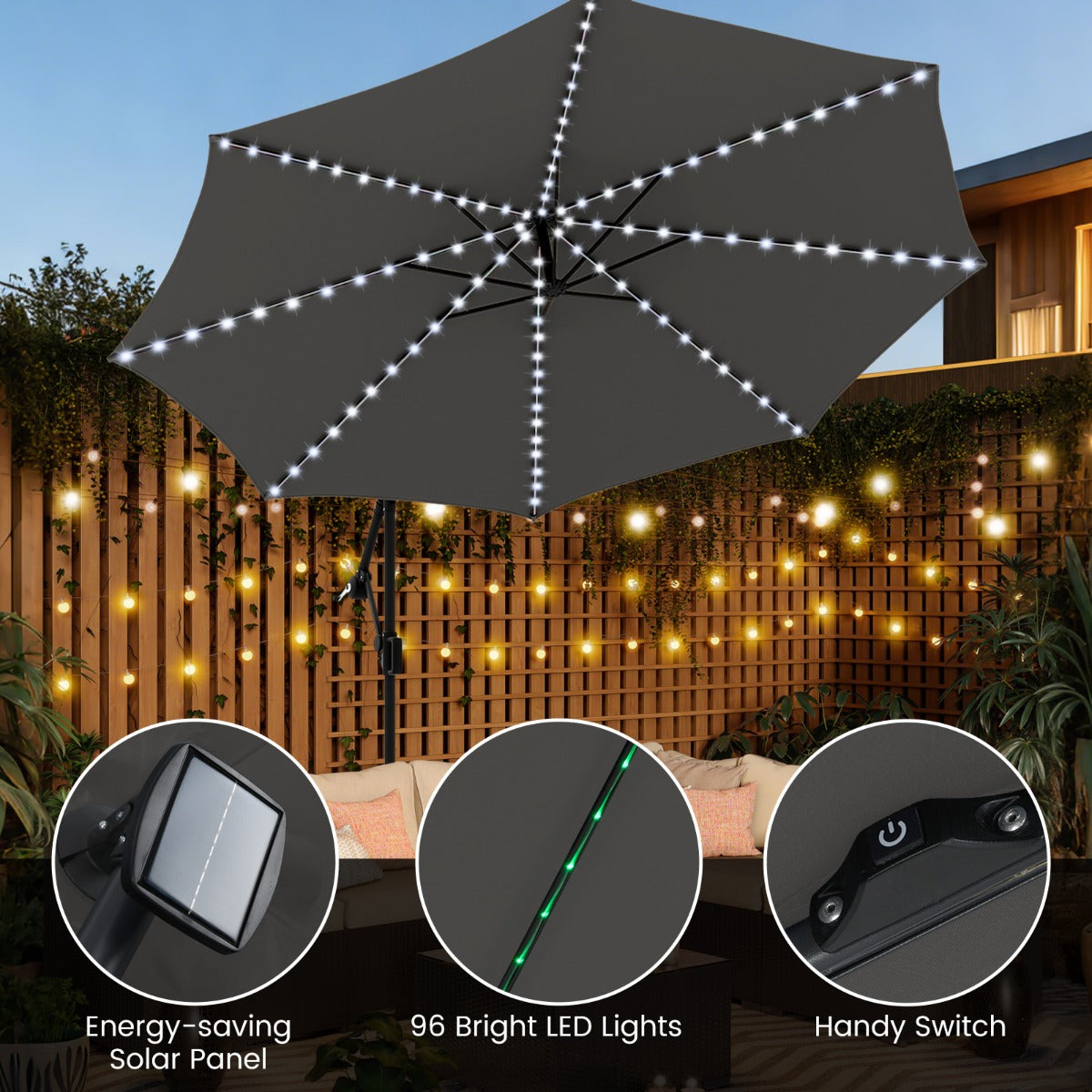LIVSK Parasol 300 cm - 96 LED-lampen - 9 Verlichtingsmodi - Verstelbaar & Rotatie - Dubbellaags Polyester - Grijs