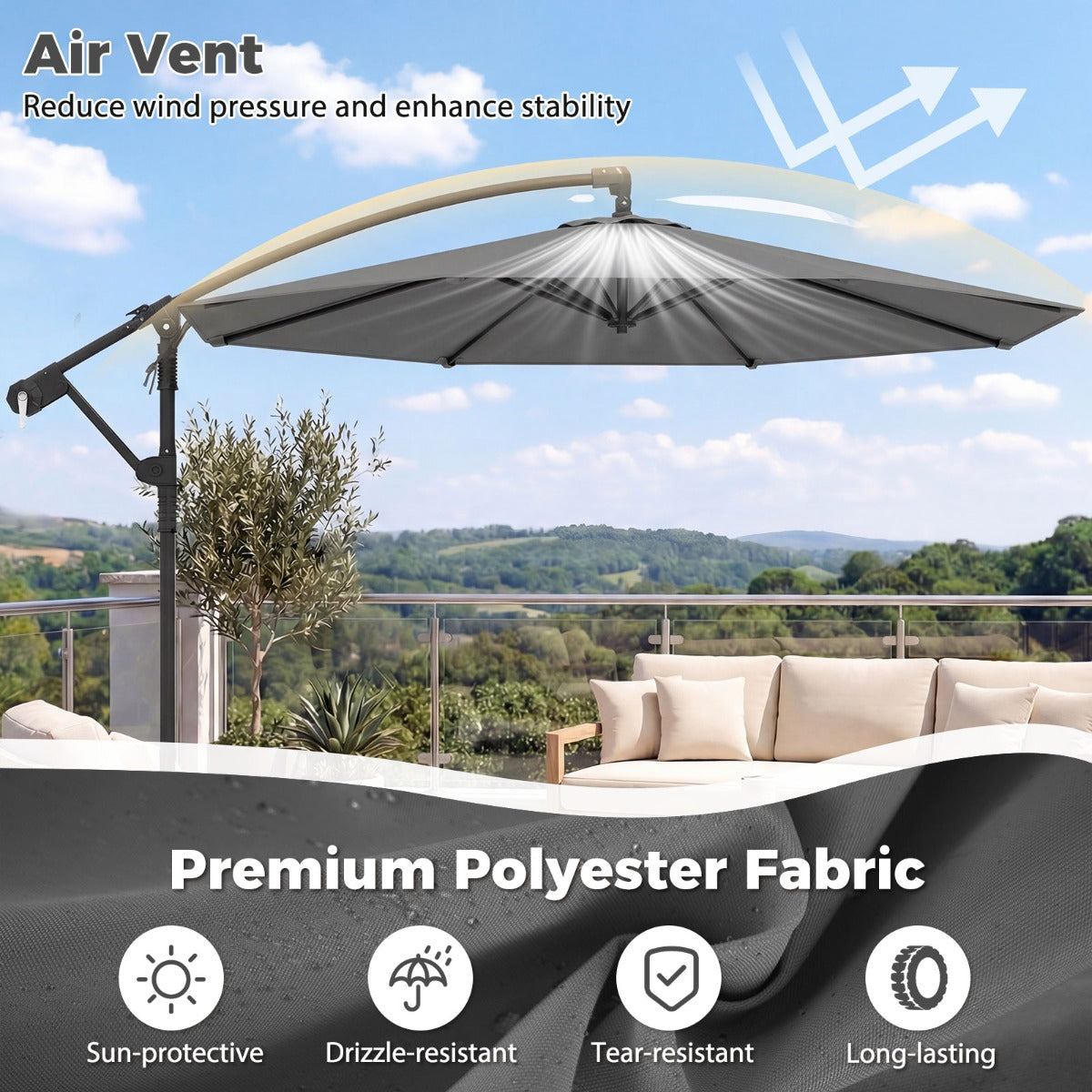 LIVSK Parasol 300 cm - Geventileerde Kap - 360° Draaibaar - Robuuste Stangen - Eenvoudige Slingerbediening - Beige/Bruin/Grijs