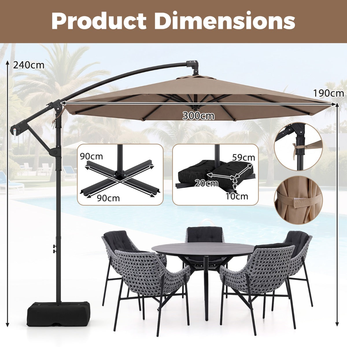 LIVSK Parasol 300 cm - Geventileerde Kap - 360° Draaifunctie - Robuuste Stangen - Eenvoudige Slingerbediening - Beige/Bruin/Grijs