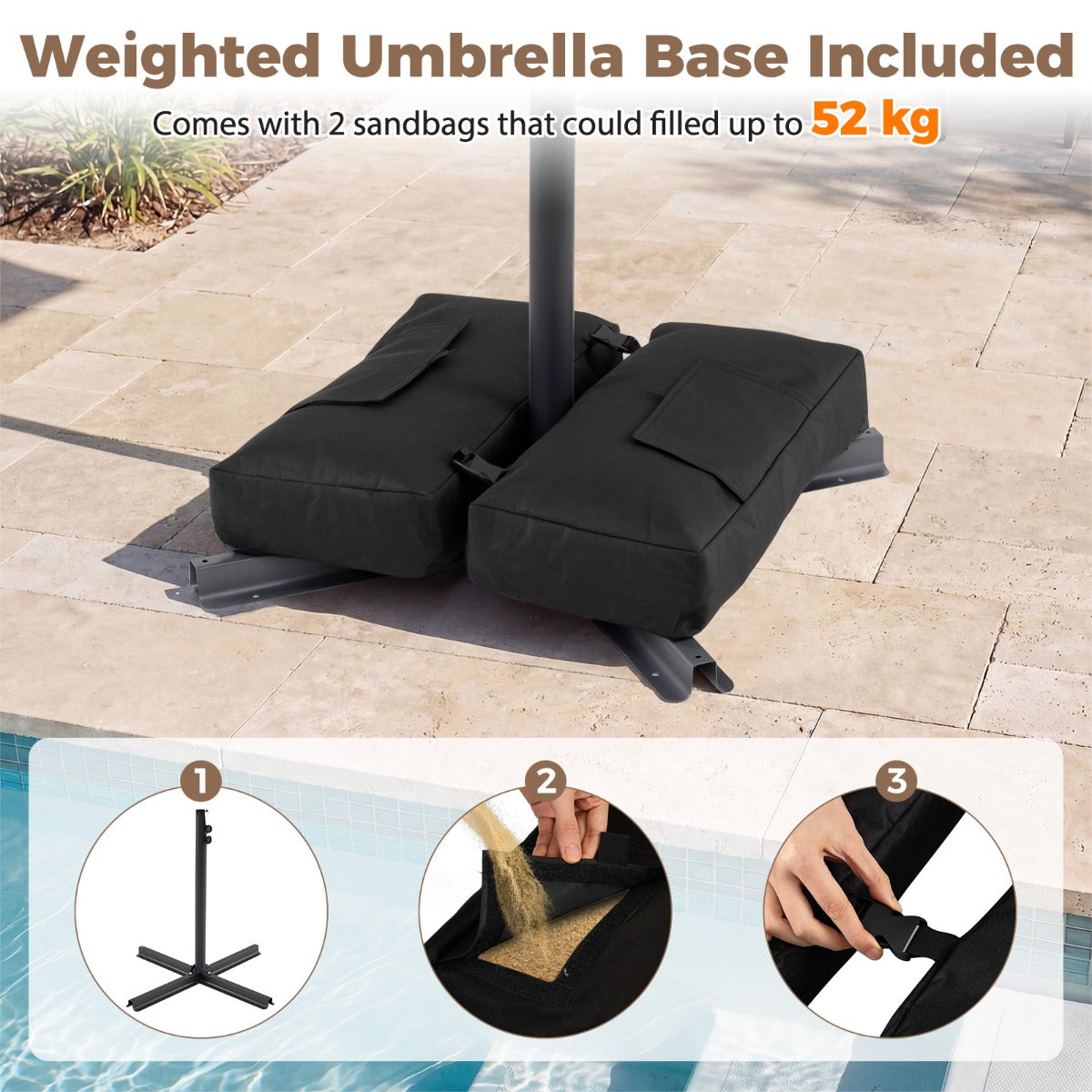 LIVSK Parasol 300 cm - Geventileerde Kap - 360° Draaifunctie - Robuuste Stangen - Eenvoudige Slingerbediening - Beige/Bruin/Grijs
