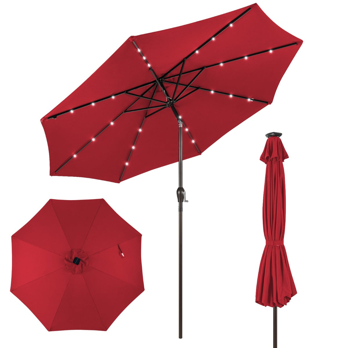 LIVSK Parasol 3M - Zonne-energie LED-verlichting - Kantelontwerp - Eenvoudig Zwengelliftsysteem - Wijnrood