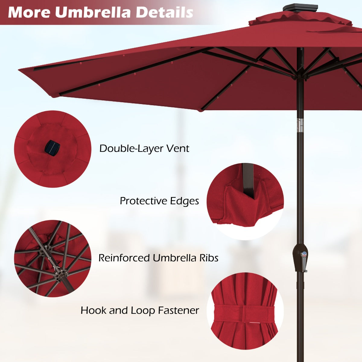 LIVSK Parasol 3M - Zonne-energie LED-verlichting - Kantelontwerp - Eenvoudig Zwengelliftsysteem - Wijnrood