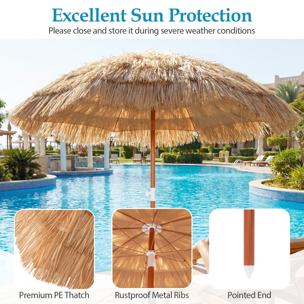LIVSK Parasol Hawaï - Verstelbare Hoogte - Kantelontwerp - Inclusief Draagtas - Voor Tuin en Terras - 155 x 194 cm
