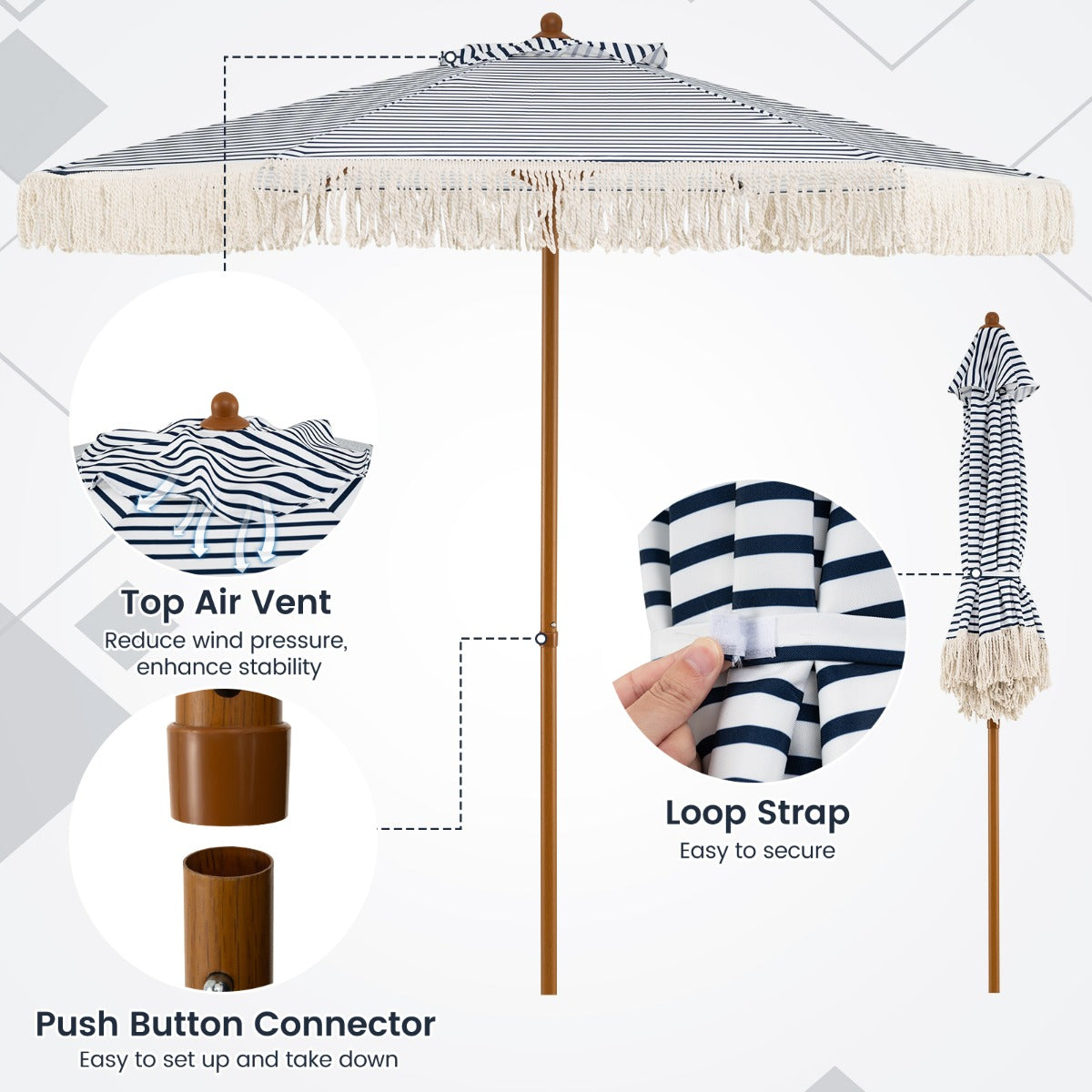 LIVSK Parasol met Franjes - 210 cm Buitendiameter - Robuuste Aluminium Mast - Geventileerd Polyester - Blauw en Wit