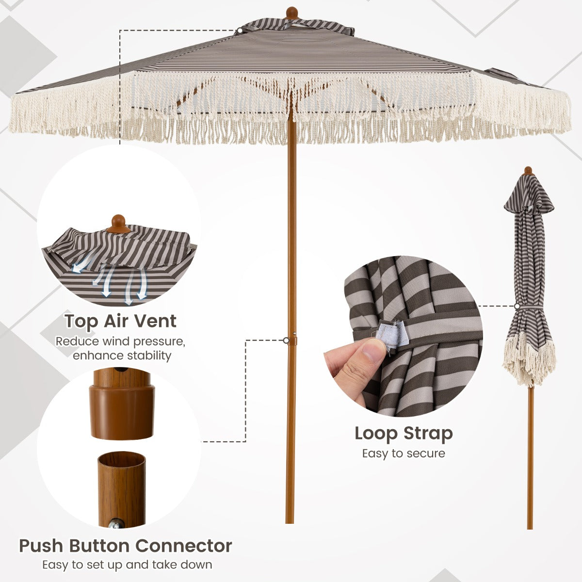 LIVSK Parasol met Franjes - 6 Metalen Baleinen - Geventileerde Polyester - Eenvoudige Montage - Blauw-Wit of Groen-Wit
