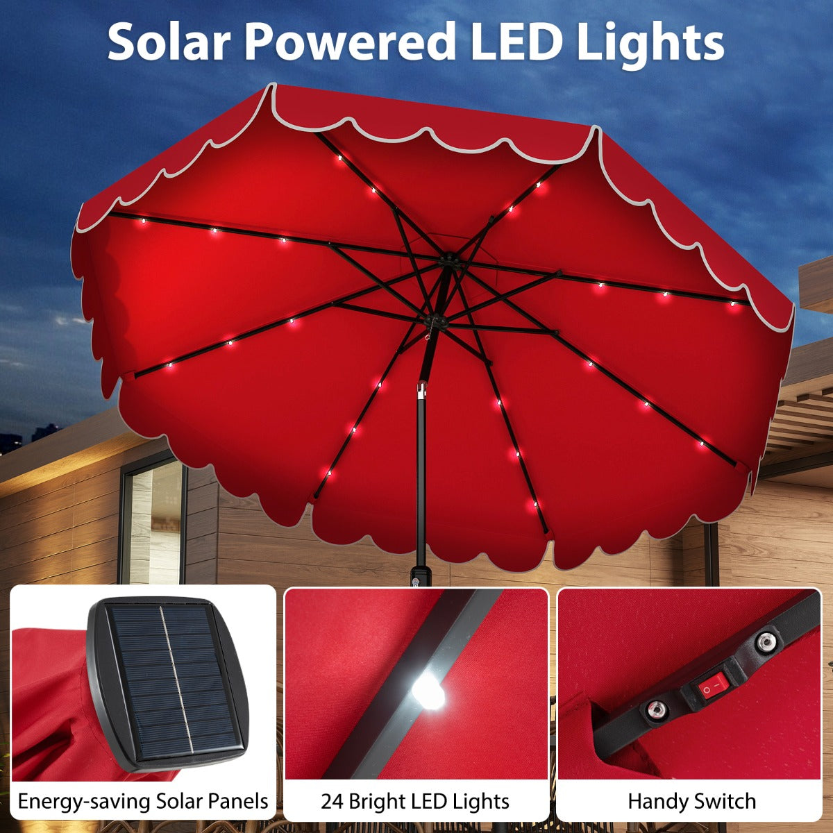 LIVSK Parasol met LED-verlichting - 307 cm Diameter - Kantelbaar tot 35° - Polyester en Metaal - Beige/Grijs/Wijnrood/Bruin