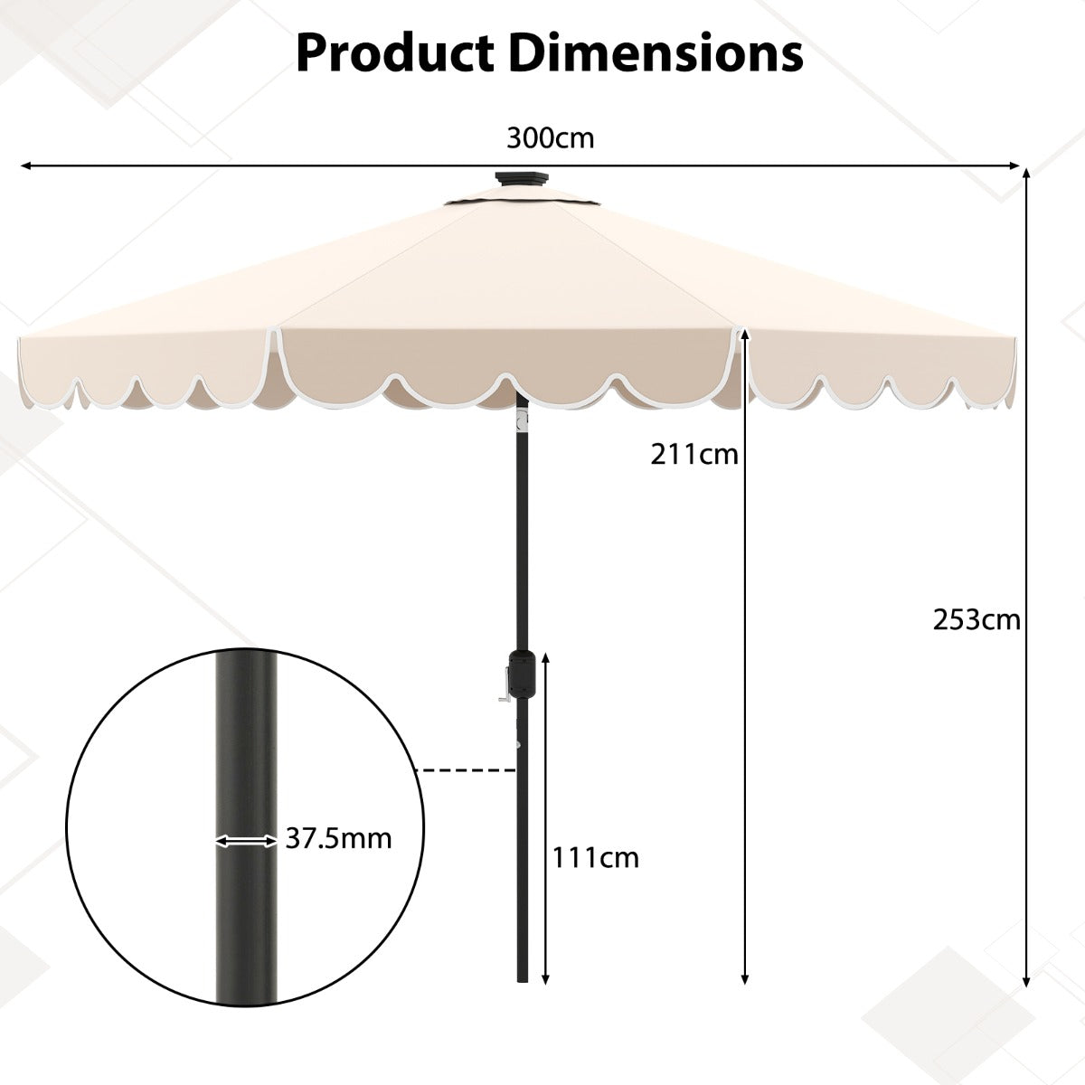 LIVSK Parasol met LED-verlichting - 307 x 253 cm - Kantelbaar tot 35° - Polyester en Metaal - Beige
