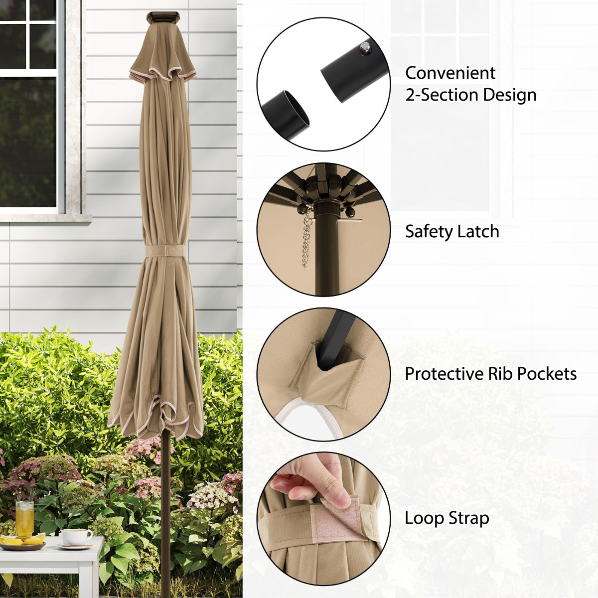LIVSK Parasol met LED-verlichting - 307 x 253 cm - Kantelbaar tot 35° - Polyester en Metaal - Beige/Bruin