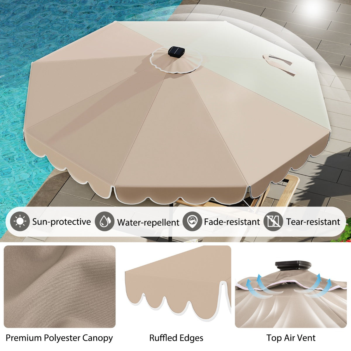 LIVSK Parasol met LED-verlichting - 307 x 253 cm - Kantelbaar tot 35° - Polyester en Metaal - Beige/Bruin