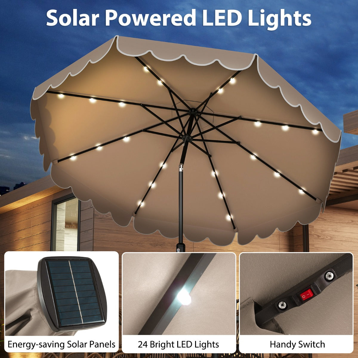 LIVSK Parasol met LED-verlichting - 307 x 253 cm - Kantelbaar tot 35° - Polyester en Metaal - Beige/Bruin