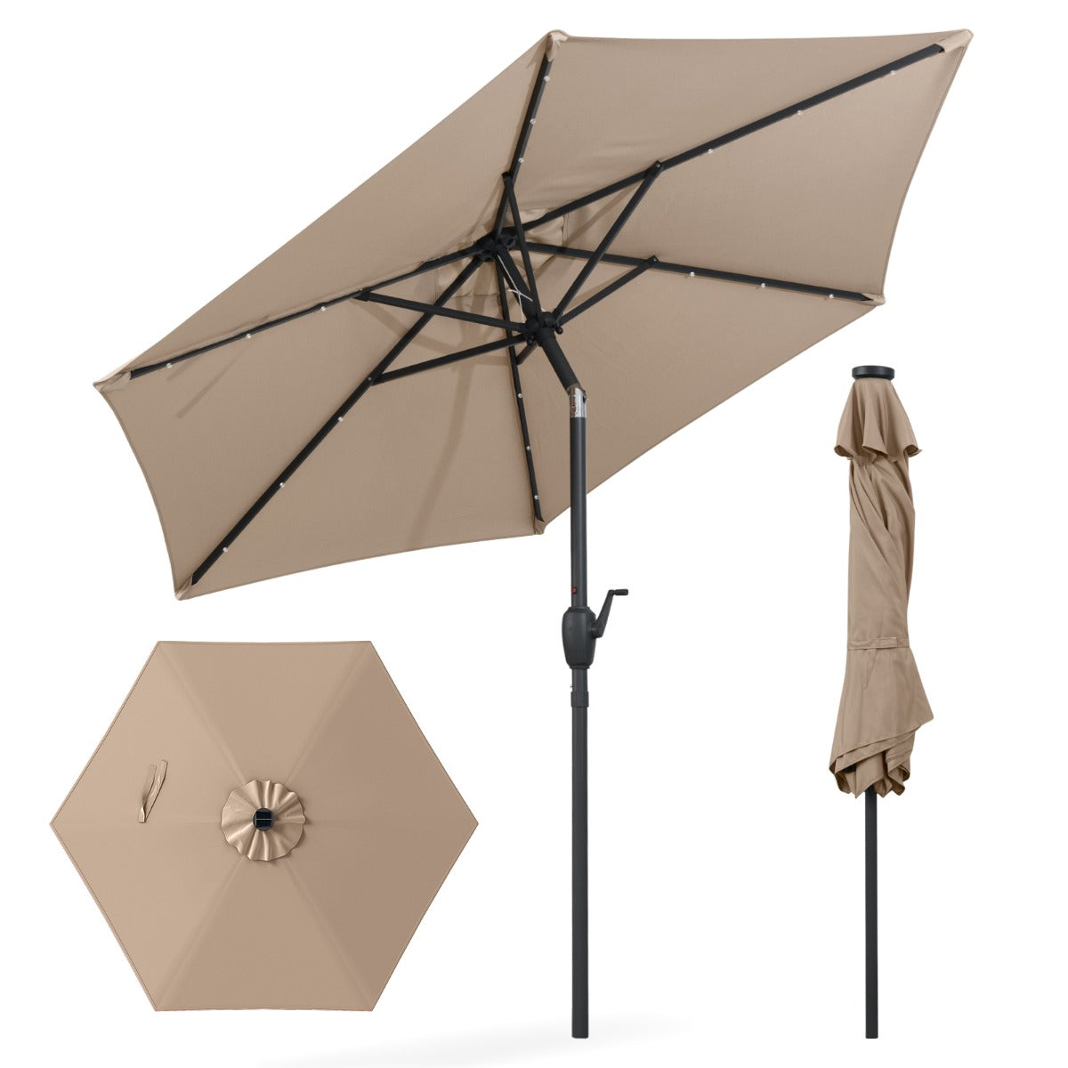 LIVSK Parasol met LED-Verlichting - Geventileerd Polyester - Kantelmechanisme - Eenvoudig Op te Bergen - Beige / Grijs /
