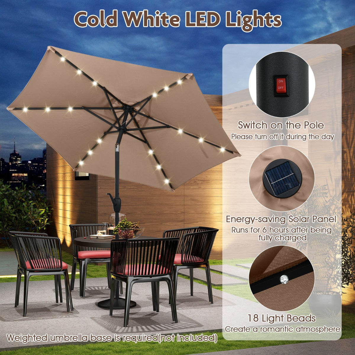 LIVSK Parasol met LED-Verlichting - Geventileerd Polyester - Kantelmechanisme - Eenvoudig Op te Bergen - Beige / Grijs /