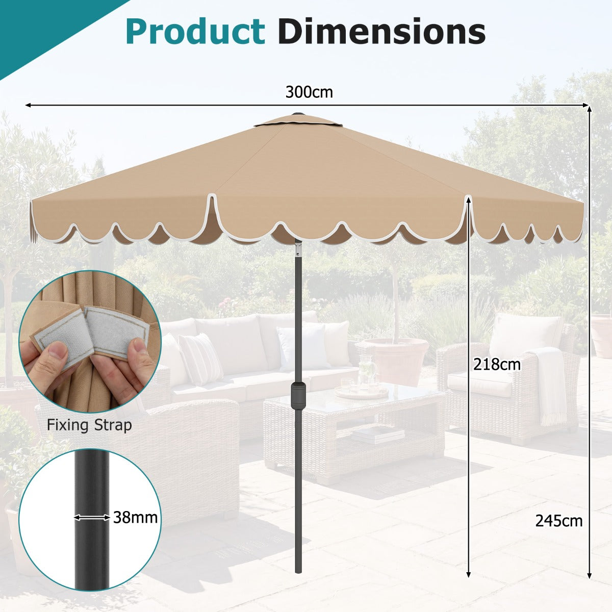 LIVSK Parasol met Ruches - 3 x 2,45 m - Kantelbaar tot 35° - Slingerhandgreep - Stabiele Structuur - Beige/Geelbruin