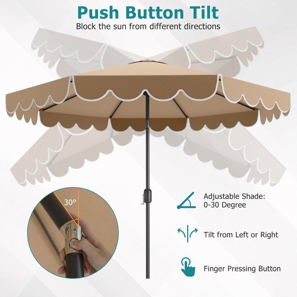 LIVSK Parasol met Ruches - 3 x 2,45 m - Kantelbaar tot 35° - Slingerhandgreep - Stabiele Structuur - Beige/Geelbruin