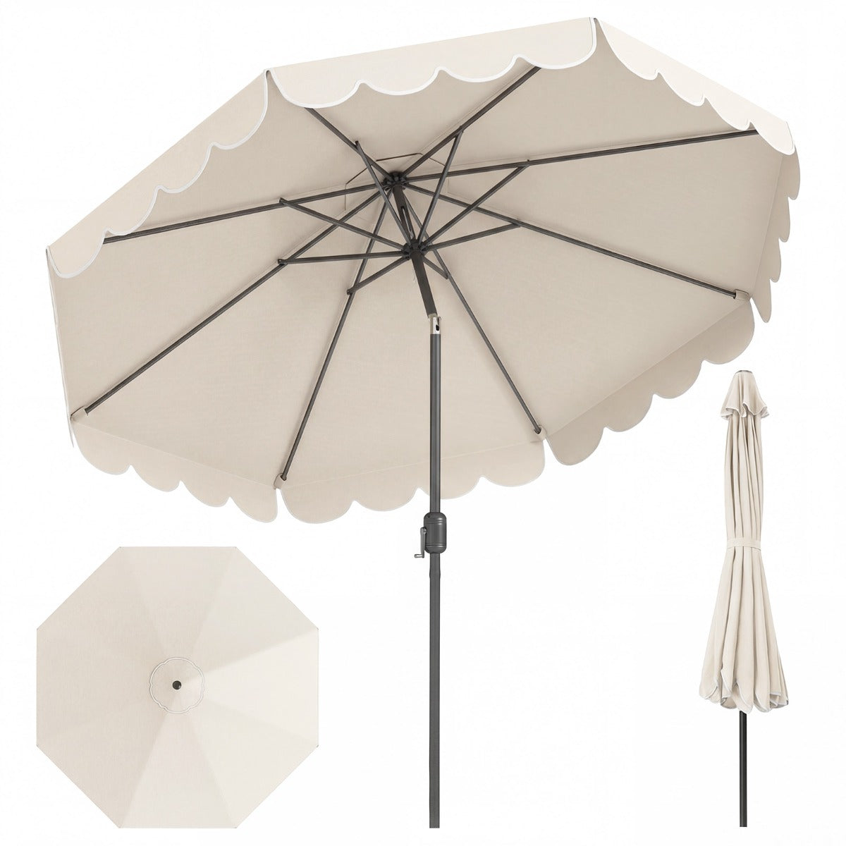 LIVSK Parasol met Ruches - 3 x 2,5 m - Kantelmechanisme 35° - Slingerhandgreep - Polyester - Beige