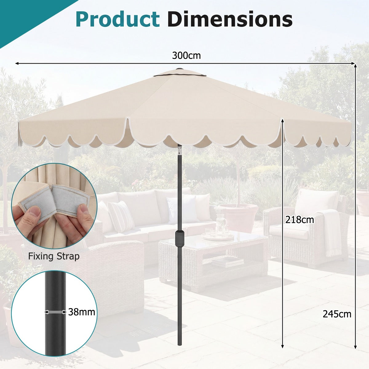 LIVSK Parasol met Ruches - 3 x 2,5 m - Kantelmechanisme 35° - Slingerhandgreep - Polyester - Beige