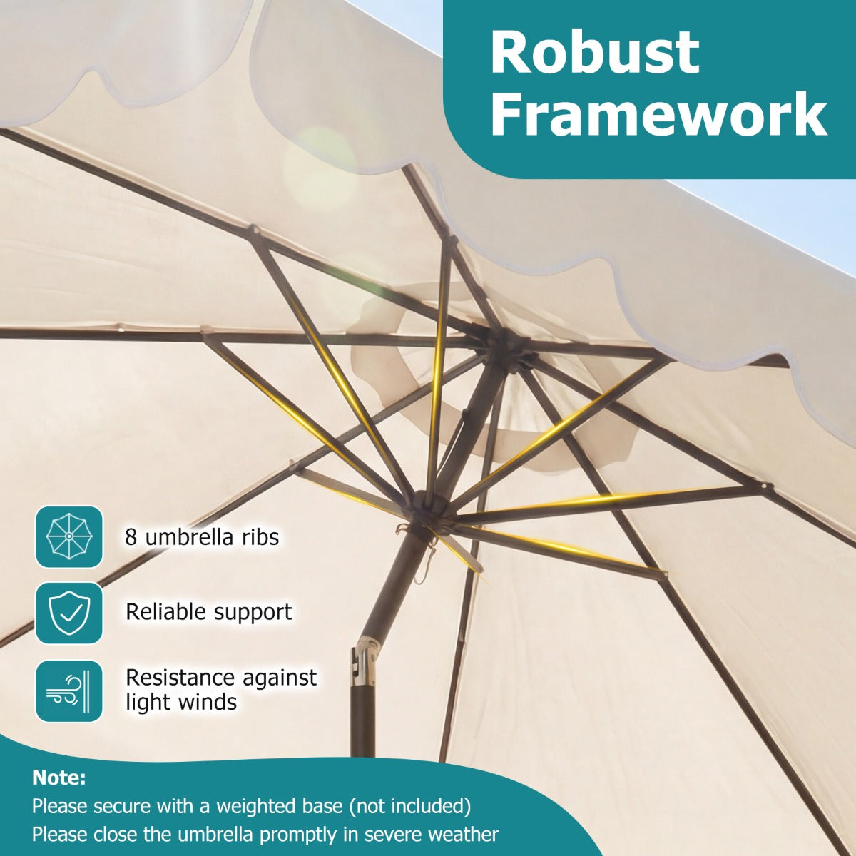 LIVSK Parasol met Ruches - 3 x 2,5 m - Kantelmechanisme 35° - Slingerhandgreep - Polyester - Beige