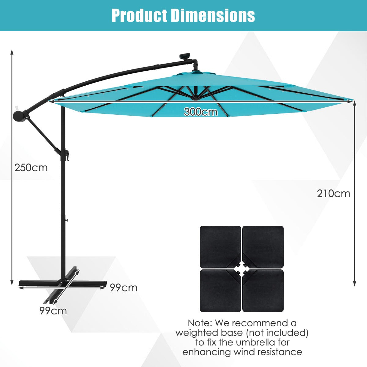 LIVSK Parasolset met Voet - HDPE Materiaal - 4-delige Stabiele Basis - Zonne-energie Verlichting - Schaduwoppervlak 7 m² -