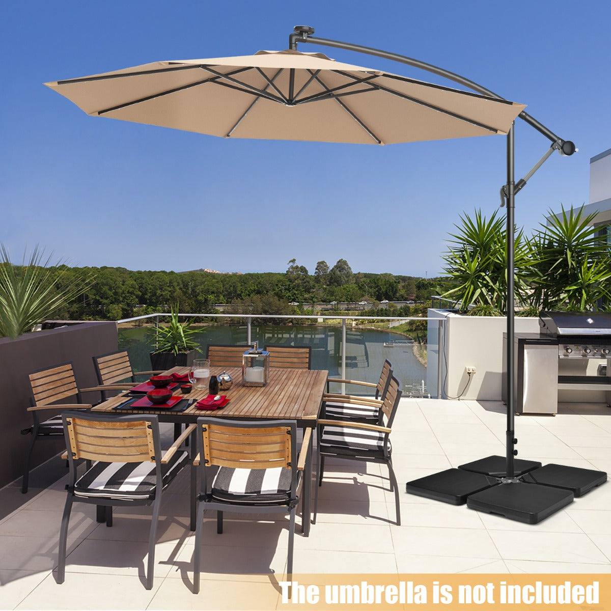 LIVSK Parasolset met Voet - Weerbestendig HDPE - 4-delige Basisgewichten - Flexibele Hellingshoek - Beige/Bruin/Zwart