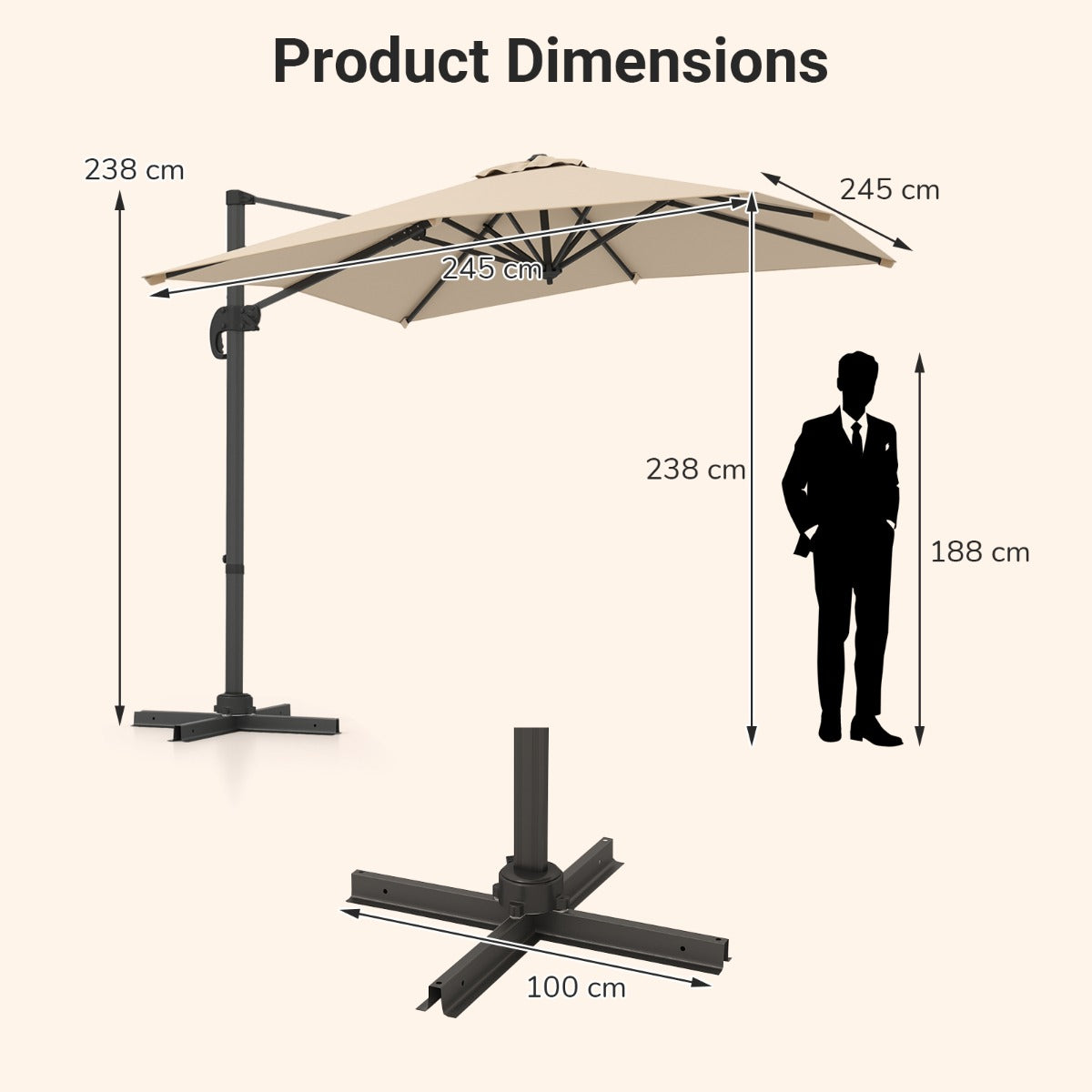 LIVSK Parasolvoet en Parasol Set - Weerbestendig HDPE - 5 Instelbare Hoeken - X-vormige Voet - Zwart/Bruin/Grijs/Beige