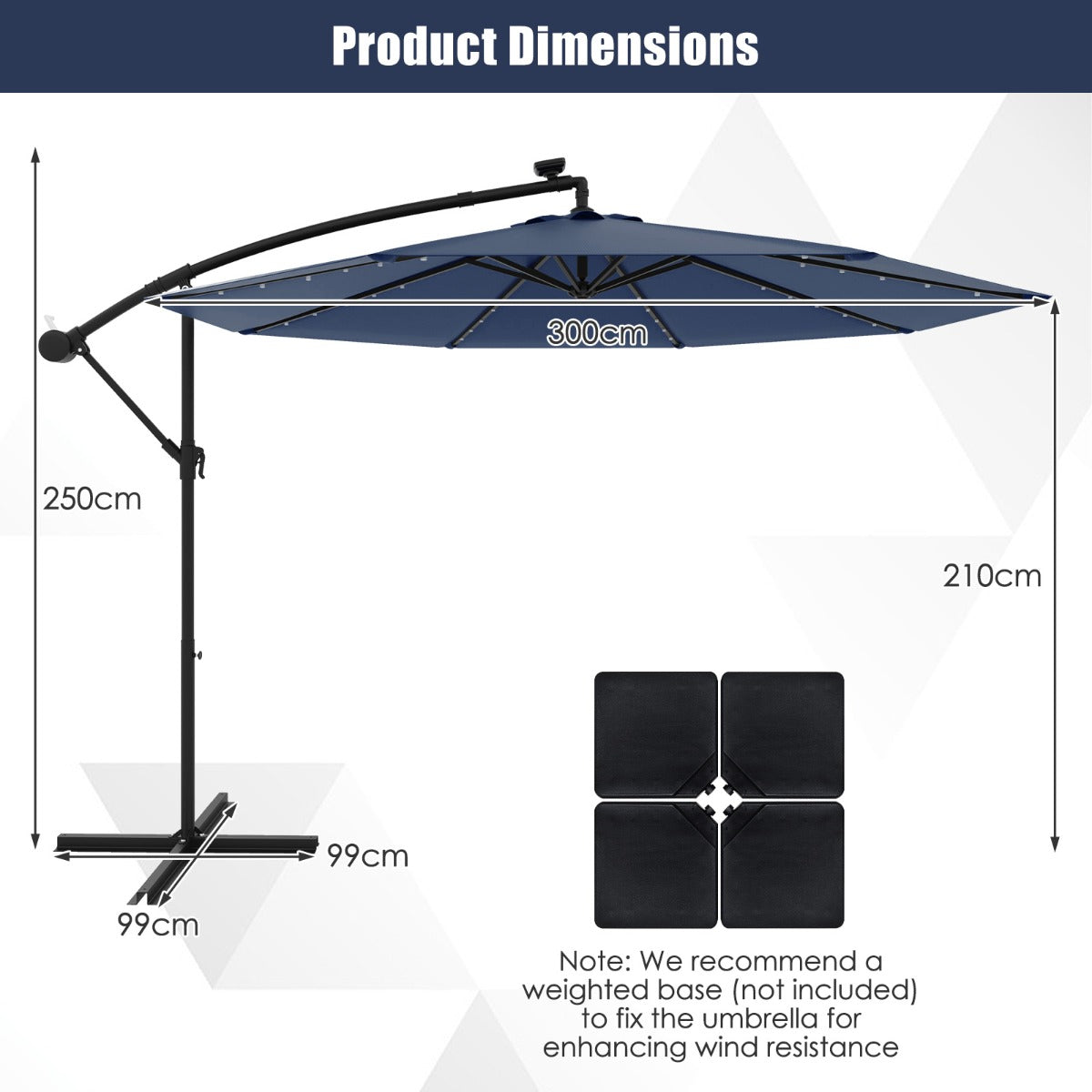 LIVSK Parasolvoet met Parasol - Weerbestendig HDPE - 4-delige Basisgewichten - 40 LED-lampjes op Zonne-energie - Zwart/Turkoois