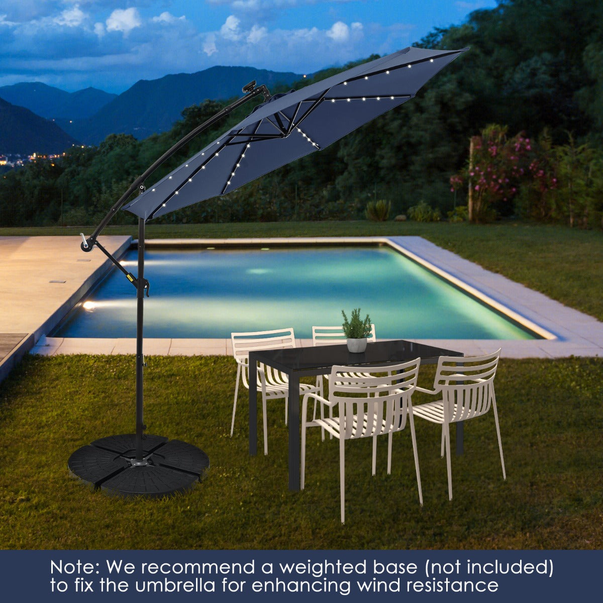 LIVSK Parasolvoet met Parasol - Weerbestendig HDPE - 4-delige Basisgewichten - 40 LED-lampjes op Zonne-energie - Zwart/Turkoois