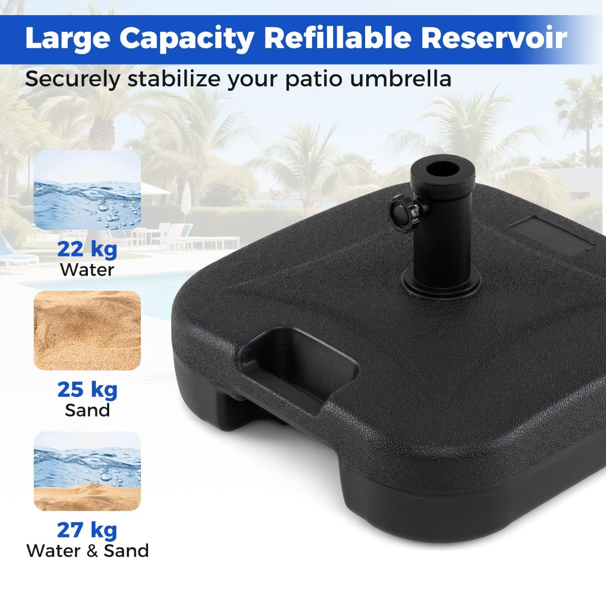 LIVSK Parasolvoet - UV-bestendig HDPE - Tot 27 kg vulcapaciteit - 3 Koppelingen - Draagbaar - Zwart